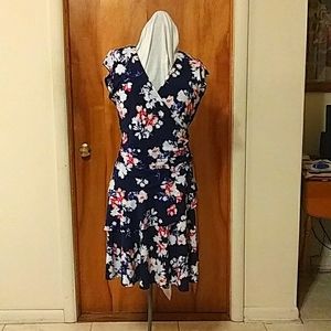 Dress, navy blue, floral, large, Elle, just below the knee